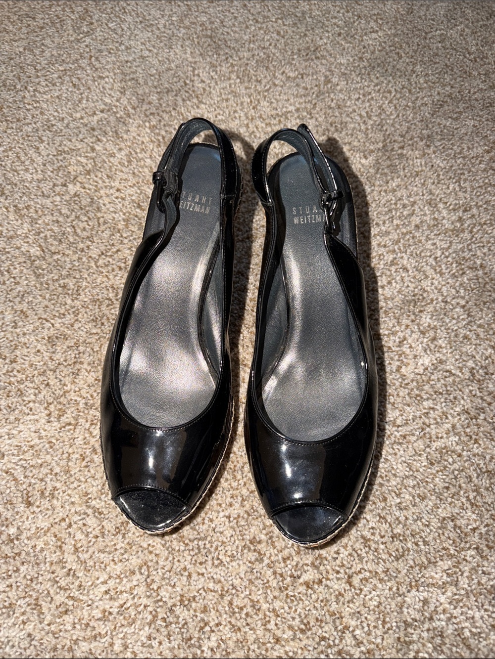 STUART WEITZMAN JEAN BLACK PATENT LEATHER SLINGBACK PEEP-TOE CORK WEDGE SANDALS - Picture 4 of 8